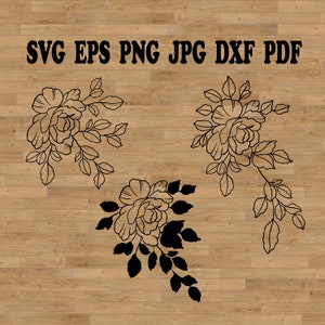 Peonías archivo svg, peonía dibujada a mano, arte de línea de peonía, arte de línea floral, peonía con hojas, plantilla de peonía, monograma de flores svg, svg botánico