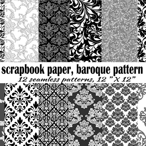 Damask pattern, digital paper, black gray and white digital paper pack of damask backgrounds, digital printable scrapbook paper, baroque