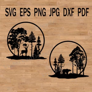 design in einem Kreis Tiere Wald svg, Laser geschnittenes Vinyl, Adventure svg, Natur svg, Landschaft svg, Bär svg, Natur svg, Hirsch Kontur svg