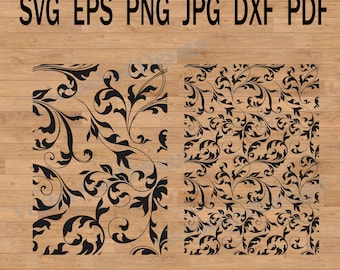 May include: Two black and white floral patterns on a wood background. The patterns are made up of intricate swirls and leaves. The text "SVG EPS PNG JPG DXF PDF" is at the top of the image.