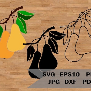 Modello di pere svg, download digitale per silhouette di frutta, ramo con pere, pere stampabili, file tagliati al laser, frutta Cipart Vector