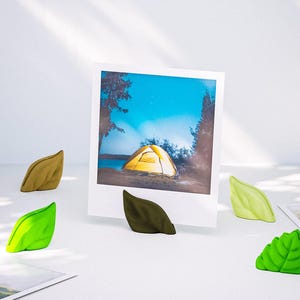 May include: A photograph of a tent lit up at night, with several leaf-shaped objects in shades of green and brown. The leaves are scattered around the photo, which is in a polaroid style.