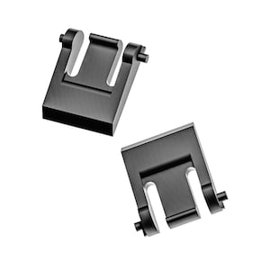 May include: Two black metal brackets with a U-shaped design. Each bracket has two small cylindrical protrusions on the sides. The brackets are set against a white background.