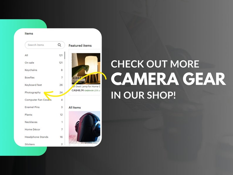 May include: A screenshot of a mobile app showing a list of items for sale, including photography equipment. The featured item is a desk lamp for home office use, priced at CA$48.74. The text "CHECK OUT MORE CAMERA GEAR IN OUR SHOP!" is displayed in large white letters.