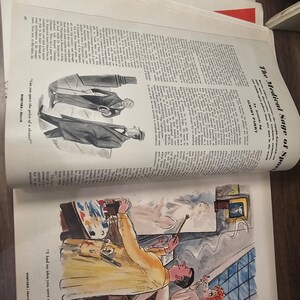 Puede incluir: P&aacute;ginas de revista abiertas con ilustraciones y texto. Una ilustraci&oacute;n muestra a un hombre pintando, con el texto "I had no idea you were an artist!". Otra muestra a dos hombres con el texto "Can you spare the price of a shave?"