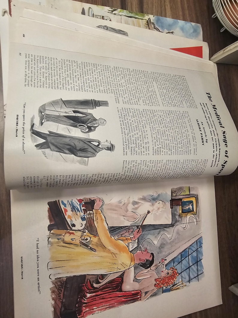 Puede incluir: P&aacute;ginas de revista abiertas con ilustraciones y texto. Una ilustraci&oacute;n muestra a un hombre pintando, con el texto "I had no idea you were an artist!". Otra muestra a dos hombres con el texto "Can you spare the price of a shave?"