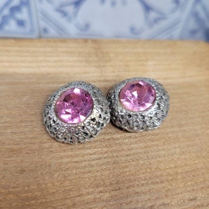 Vintage Silver Tone and Pink Glass Clip-On Earrings Retro Jewellery