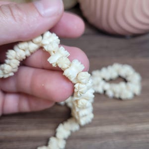 May include: A white, carved bone necklace with a flower design. The necklace is made of small, individual pieces of bone that are strung together.