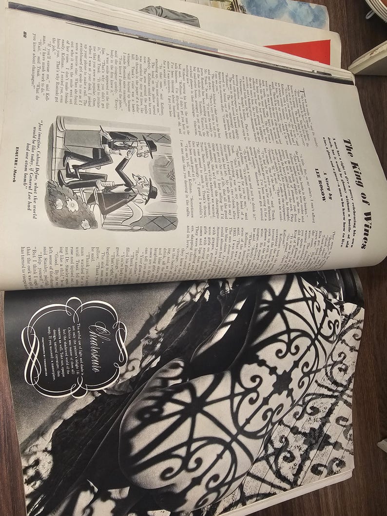 Puede incluir: P&aacute;ginas de revista abiertas con texto e ilustraciones. Una p&aacute;gina presenta una caricatura en blanco y negro de dos hombres. Otra p&aacute;gina muestra una foto en blanco y negro con patrones de sombras ornamentados y la palabra "Chiaroscuro".