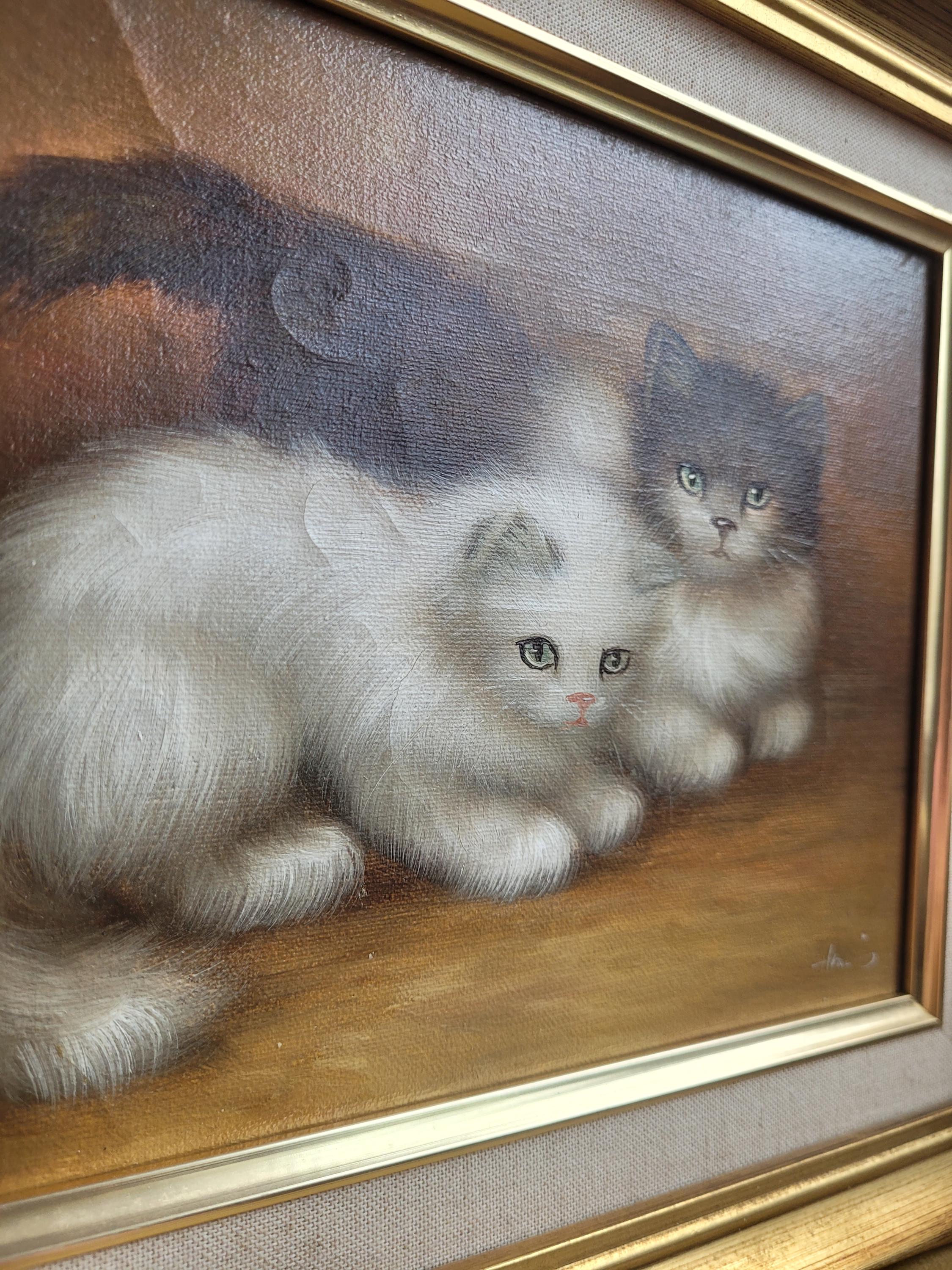 子猫のキャンバスに描かれた美しいヴィンテージ油絵、猫の絵画、子猫の