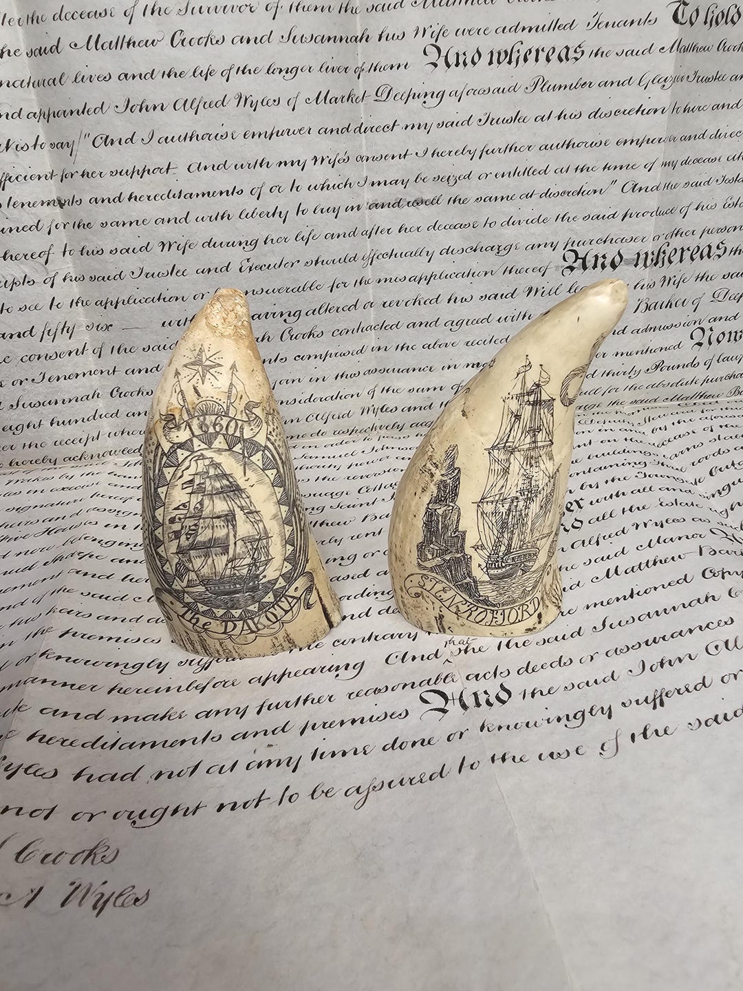 Pair of Vintage Faux Scrimshaw Resin Decorative Curio Whales Teeth