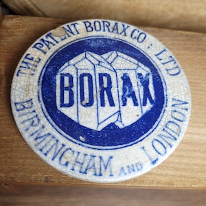 Antique Advertising Borax Pot Lid Chemist Advertising White Ironstone, Double Sided Pot Lid, Coloured Pot Lid