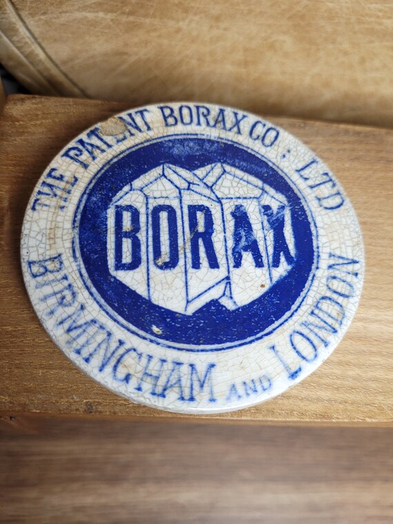 Antique Advertising Borax Pot Lid Chemist Advertising White Ironstone, Double Sided Pot Lid, Coloured Pot Lid