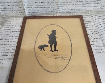 Antike 1868 Originalkunst Silhouette von Bill Sykes und Hund, Oliver Twist, Charles Dickens