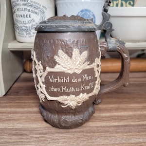 Antique Villeroy and Boch Stoneware Stein, Antique Beer Stein Tankard with Pewter Lid 1900s
