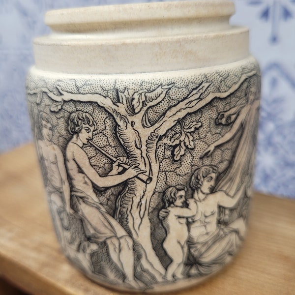 Antique Aesthetic Movement Transferware Potted Meats Pot, Greek Figurative Scene