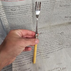 May include: A silver-toned metal fork with three tines and a smooth, cylindrical, cream-colored handle. The handle features a series of horizontal ridges along its length and is connected to the metal fork head by a decorative, textured silver collar.