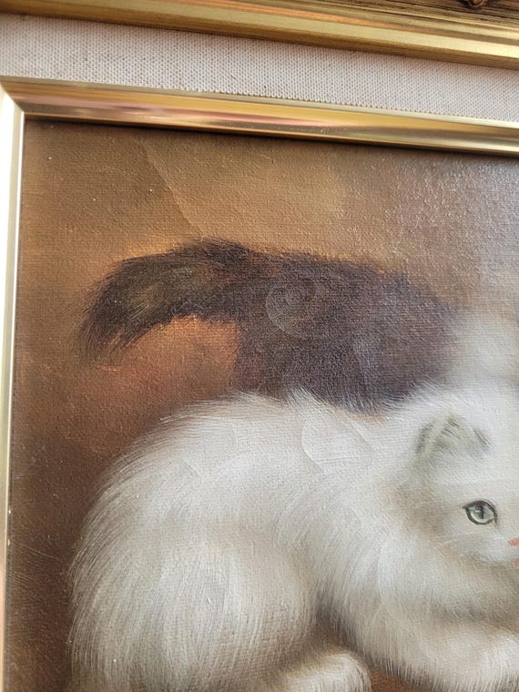 子猫のキャンバスに描かれた美しいヴィンテージ油絵、猫の絵画、子猫の