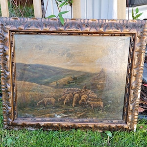 Antique Oil on Canvas Late 1800s, Herd of Sheep Landscape, Original Oil Painting