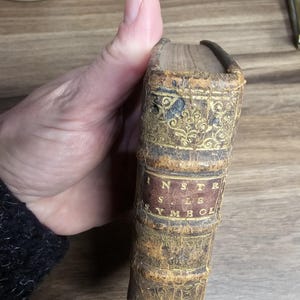 K&ouml;nnte beinhalten: Antikes Buch mit einem abgenutzten, braunen Ledereinband. Der Buchr&uuml;cken weist goldgepr&auml;gte florale Muster und ein rotes Etikett mit dem Titel "INSTR SYMBOL" auf. Die Kanten des Buches weisen Alters- und Abnutzungserscheinungen auf.