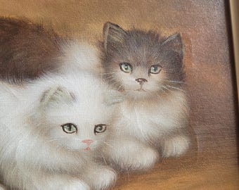 子猫のキャンバスに描かれた美しいヴィンテージ油絵、猫の絵画、子猫の