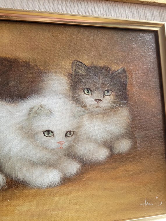 子猫のキャンバスに描かれた美しいヴィンテージ油絵、猫の絵画、子猫の