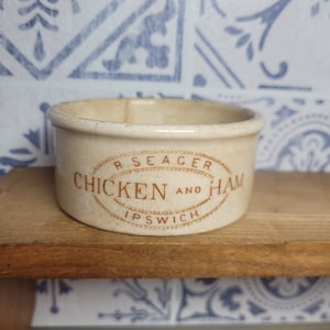 Antique English White Ironstone Potted Meat Bloater Paste Pot Antique Advertising Home Decor, Seagers Rare Sepia colour Text
