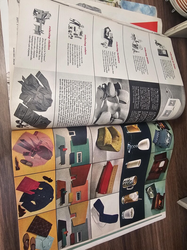 Puede incluir: Una revista vintage con ilustraciones y fotograf&iacute;as. Las secciones incluyen "ropa relajante", "colores relajantes" y "muebles relajantes". Las p&aacute;ginas muestran im&aacute;genes de ropa, muebles y accesorios, con texto adjunto.