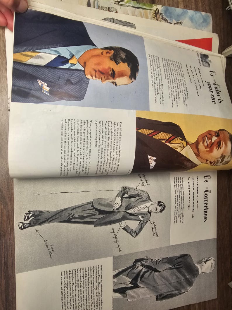 Puede incluir: Una p&aacute;gina de revista vintage con ilustraciones de trajes de hombre y consejos de moda. Las im&aacute;genes muestran varios estilos de trajes, con detalles sobre el ajuste y la coordinaci&oacute;n de colores. El texto incluye consejos de estilo e informaci&oacute;n sobre la confecci&oacute;n de trajes.