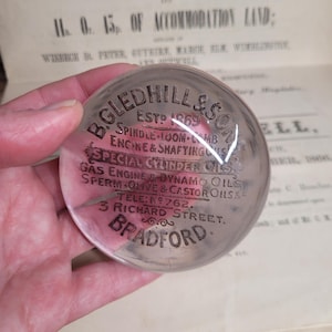 Antique Glass Advertising Paperweight,  Advertising Glass, Antique Desk Decor