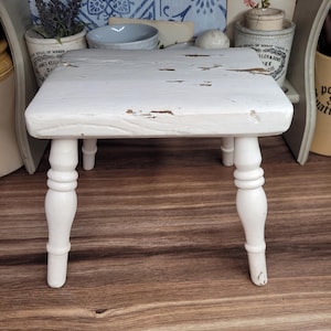 Antique Shabby Chic Petite White Wooden Candle Stool, Milking Stool, Antique Wooden Furniture, Childs Stool