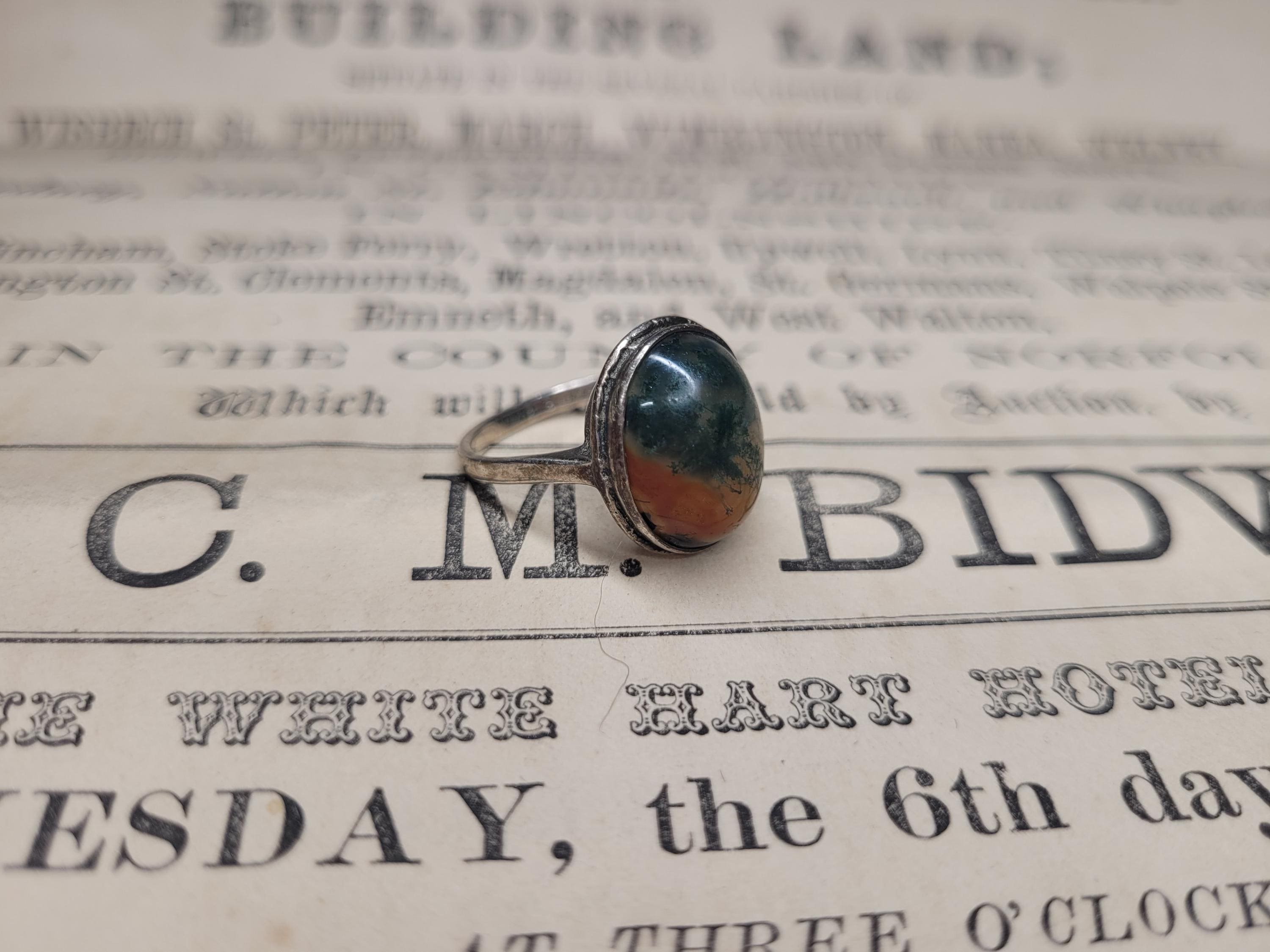 Vintage Black/Orange Stone Oval Silver Statement Ring, Fashion Jewellery