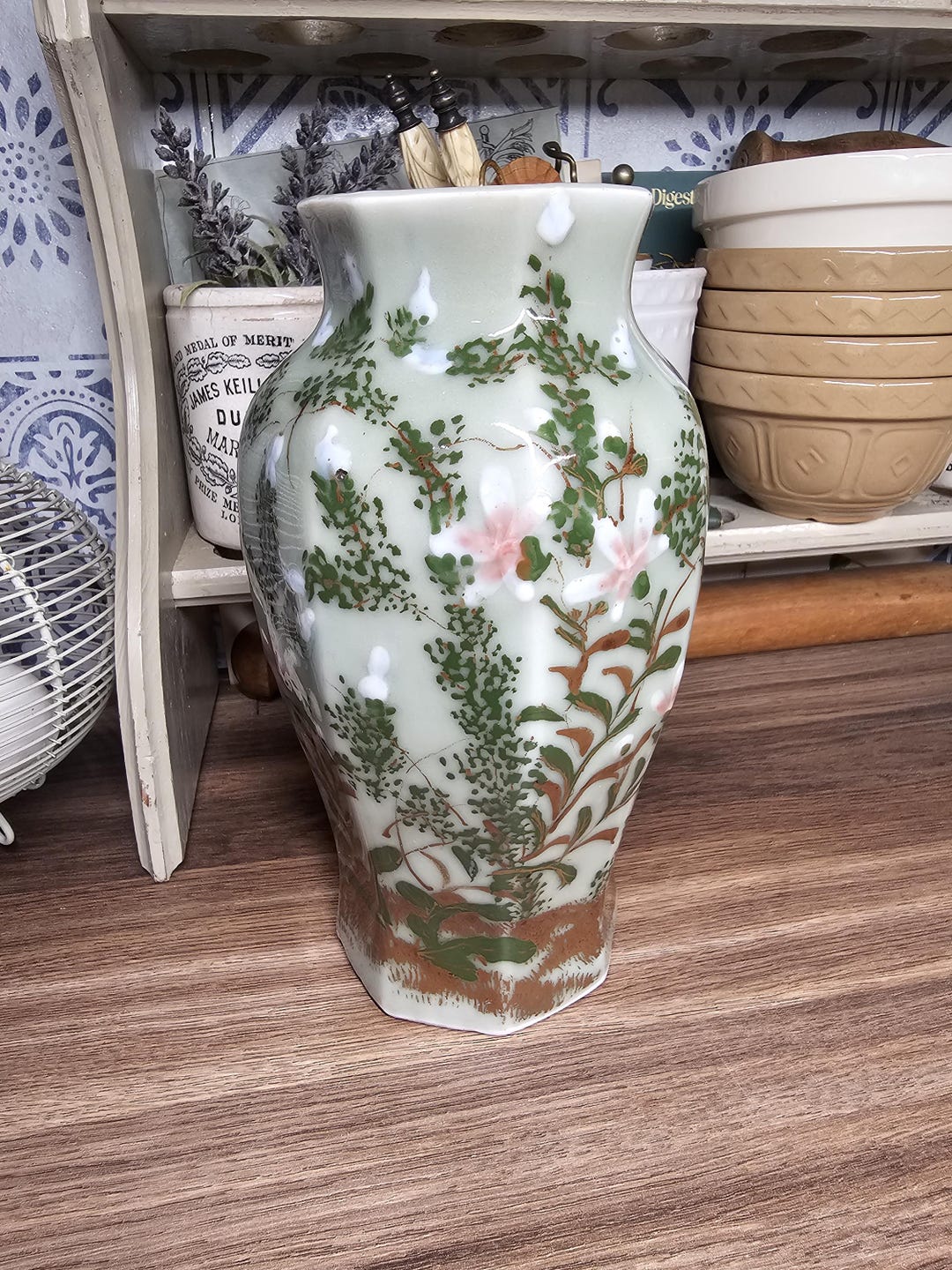 アンティークの日本製セトセラドン花瓶、日本製花瓶、1800年代の花瓶