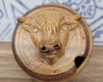 Vintage Stoneware Condiment Pot with Bulls Head Design,  Vintage Kitchenalia,  Vintage Jar