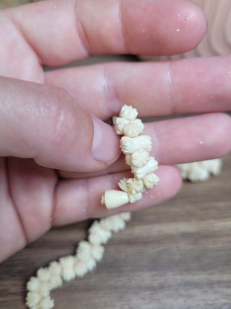 May include: A white, carved bone necklace with a flower design. The necklace is strung together with a white cord.