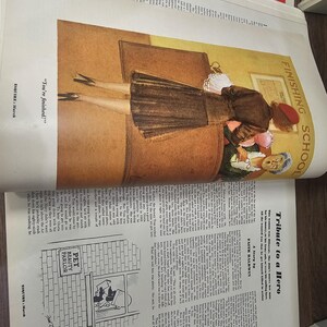 Puede incluir: Una ilustraci&oacute;n de una revista vintage muestra a una mujer en un escritorio con el texto "FINISHING SCHOOL". La p&aacute;gina tambi&eacute;n presenta una caricatura de un sal&oacute;n de belleza y el texto "PET BEAUTY PARLOR".