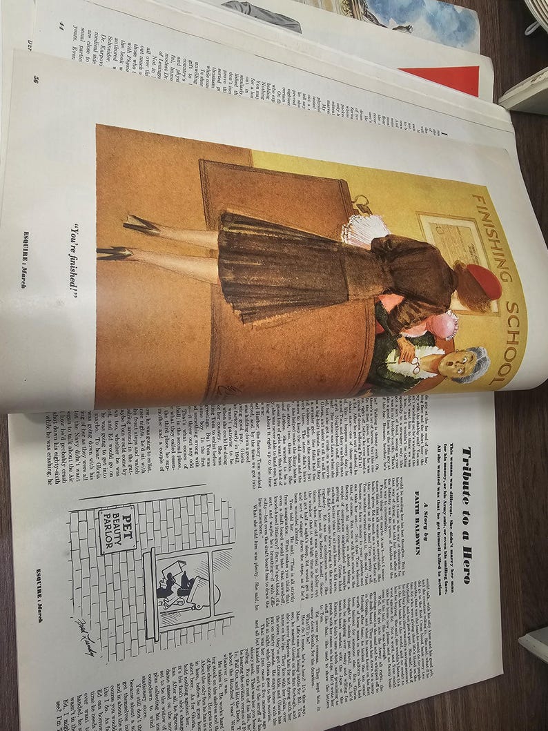 Puede incluir: Una ilustraci&oacute;n de una revista vintage muestra a una mujer en un escritorio con el texto "FINISHING SCHOOL". La p&aacute;gina tambi&eacute;n presenta una caricatura de un sal&oacute;n de belleza y el texto "PET BEAUTY PARLOR".