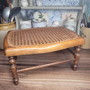 Beautiful Antique Wooden Beech and Cane Petite Stool Early 20th Century, Vintage Furniture