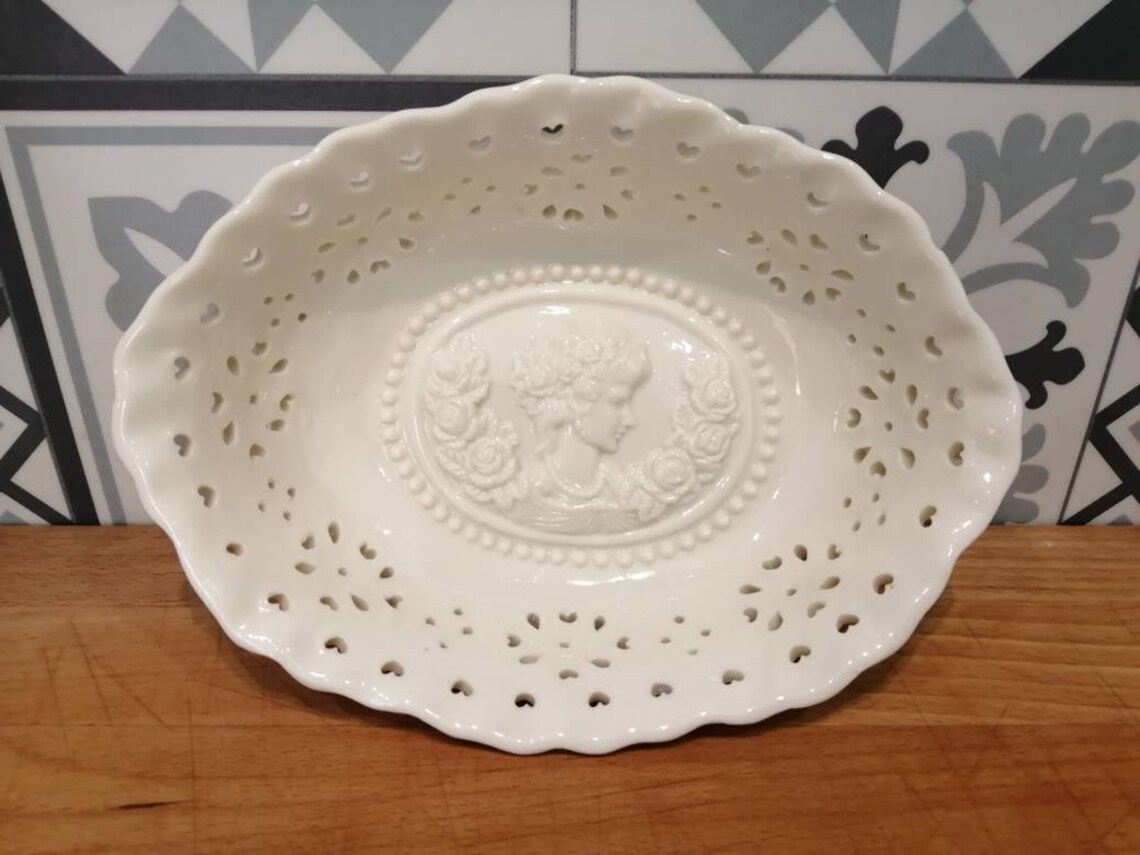 Beautiful White Fruit Bowl with Decorative Stamp Base Etsy