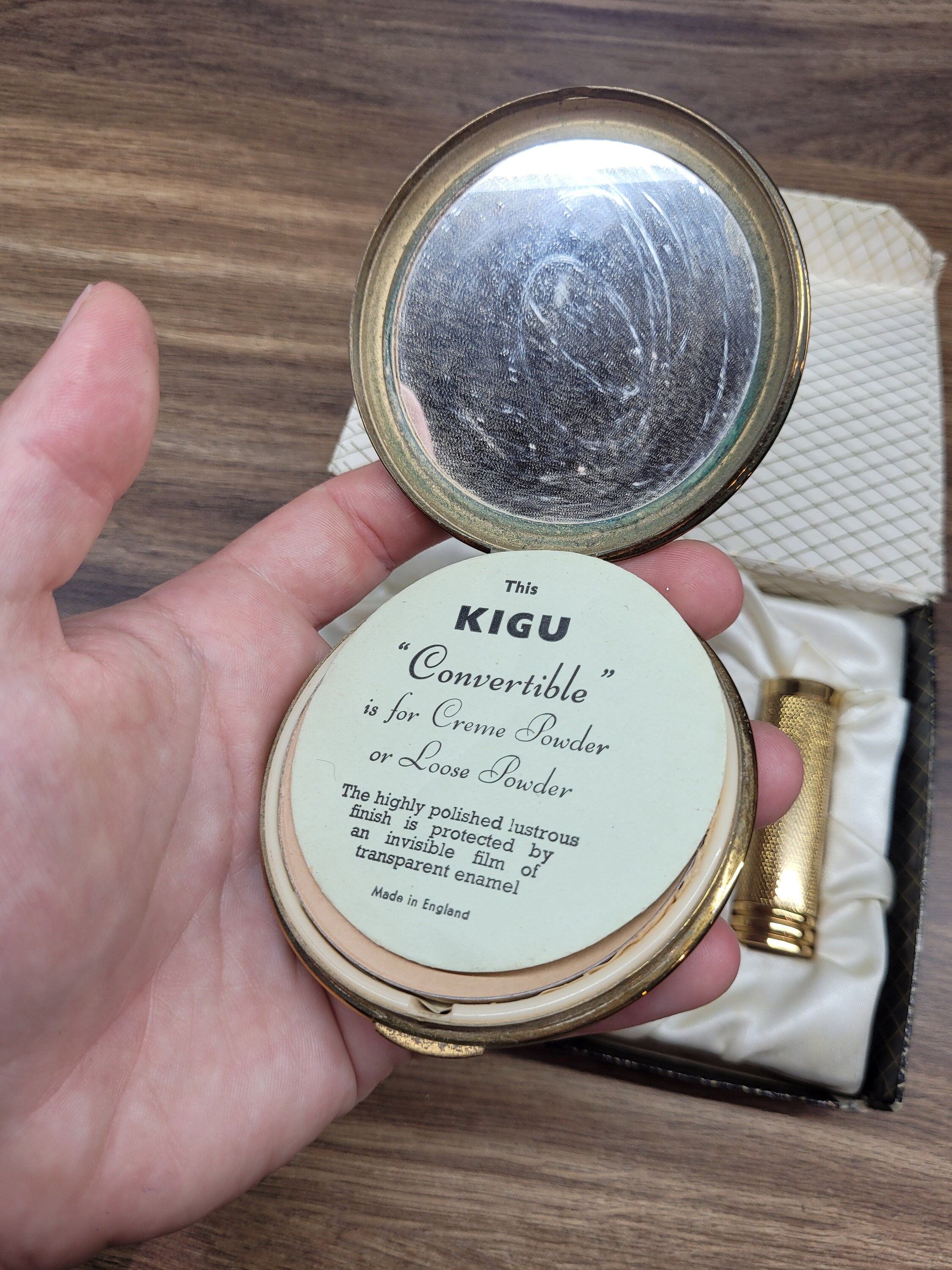 1960s Kigu of London Brass Powder Compact and Lipstick Set