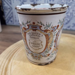 Antique Enamel Beaker Cup, 1897, Borough of Derby, The Queens Earliest Resolve,  Antique Collectible Memorabilia