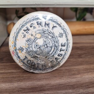 Antique Advertising Cherry Toothpaste Pot Lid, Pictorial Design,  Antique Chemist,  White Ironstone, Victorian Advertising