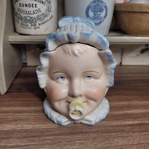 Antique 19th Century German Novelty Porcelain Tobacco Jar / Humidor Baby Head