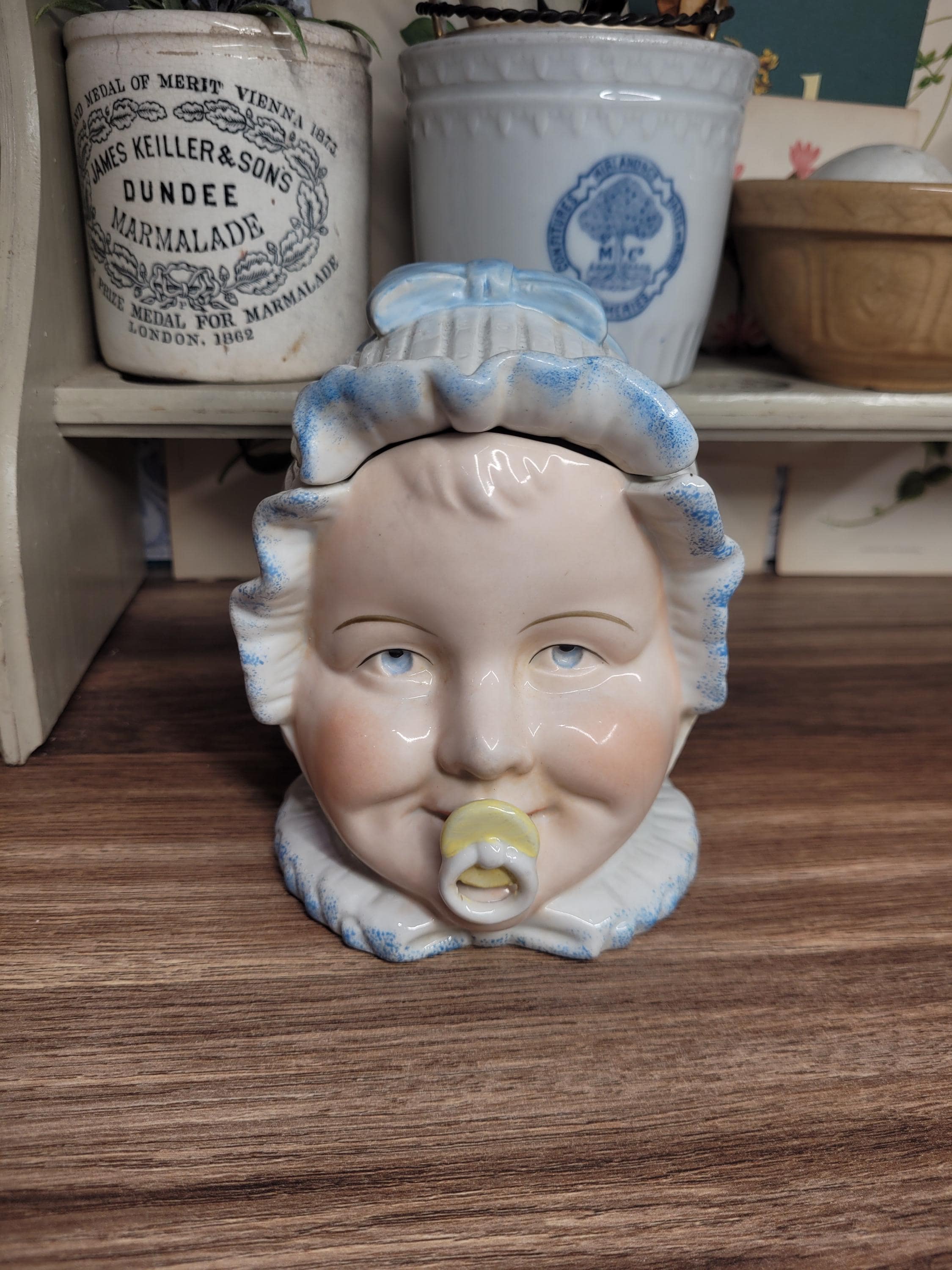 victorian tobacco jars Antique 19th Century German Novelty Porcelain Tobacco Jar / Humidor Baby  Head