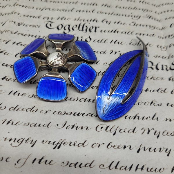 Pair of Vintage Mid 1900's Norwegian Sterling Silver & Blue Enamel Flower Pin Brooches,  Vintage Fashion,  Vintage Collectible Jewellery