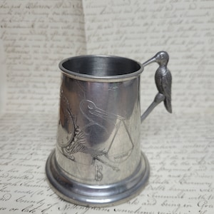 Vintage Childrens  Christening Pewter Tankard with Stork Bird Handle, New Baby Gift, Baby, Vintage Christening Gift