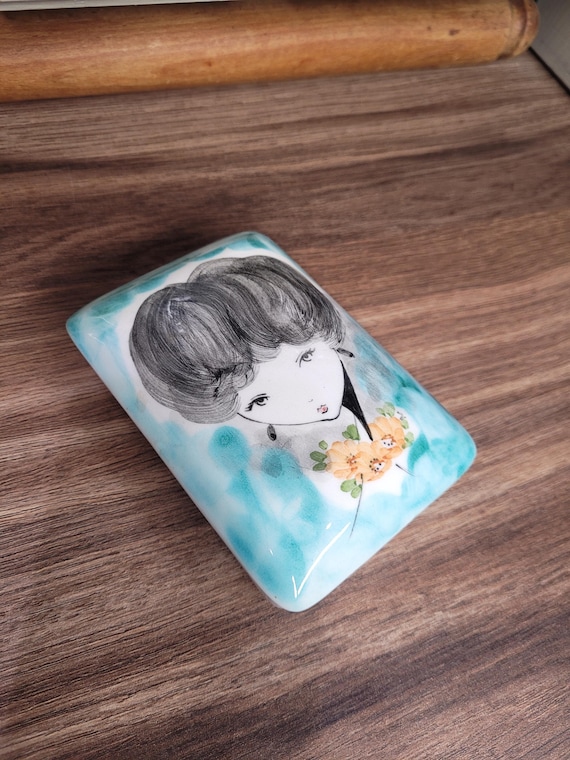 Vintage 1960s Italian Hand Painted Cermaic Trinket Box, Mid