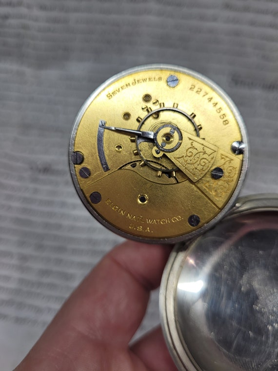 Antique ELGIN Large Pocket Watch, Silveroid, Vict… - image 10