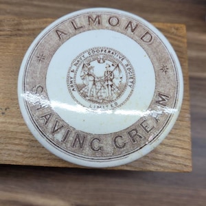 Antique Pot Lid Antique Chemist Advertising White Ironstone Brown Transfer Almond Shaving Cream