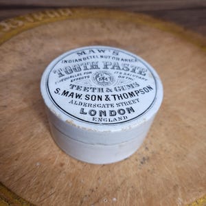 Antique Advertising Toothpaste Pot Lid and Base, S Maw Son & Thompson, Pictorial Design,  Antique Chemist,  White Ironstone